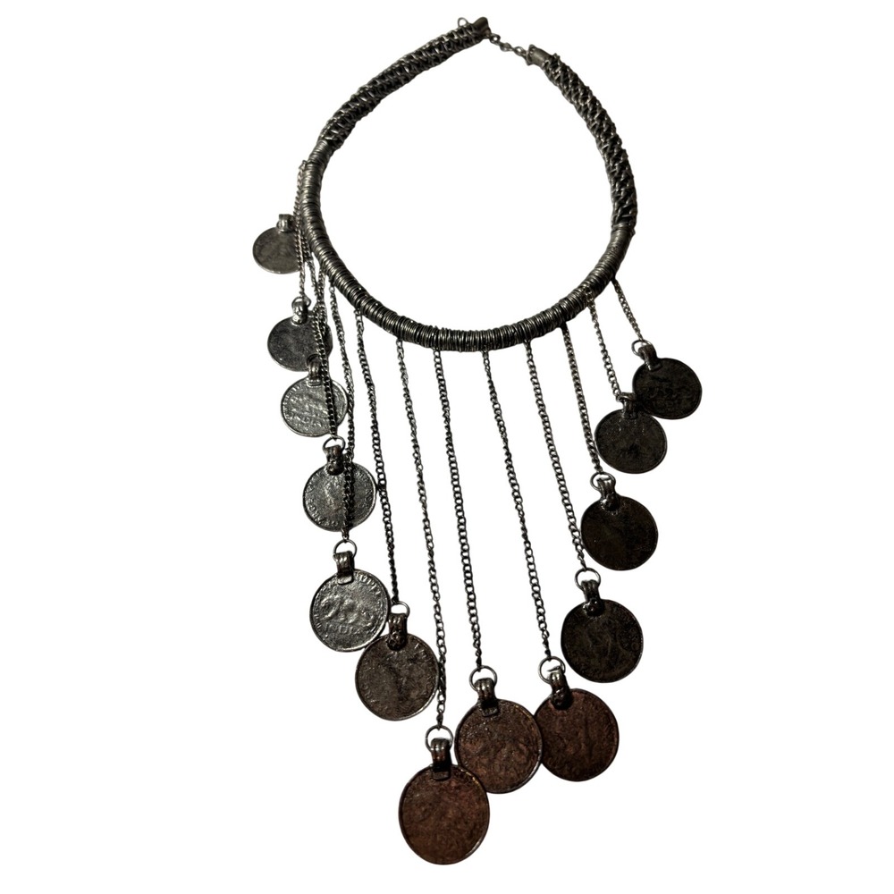 Oxidized Silver Boho Coin British  India George VI Tiger Coin Bib (For Repair)